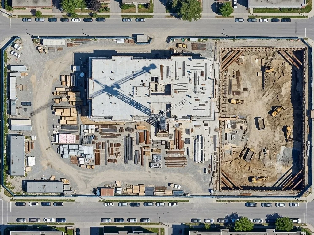 Example orthomosaic: a straight-down stitched map of a construction site (illustrative)