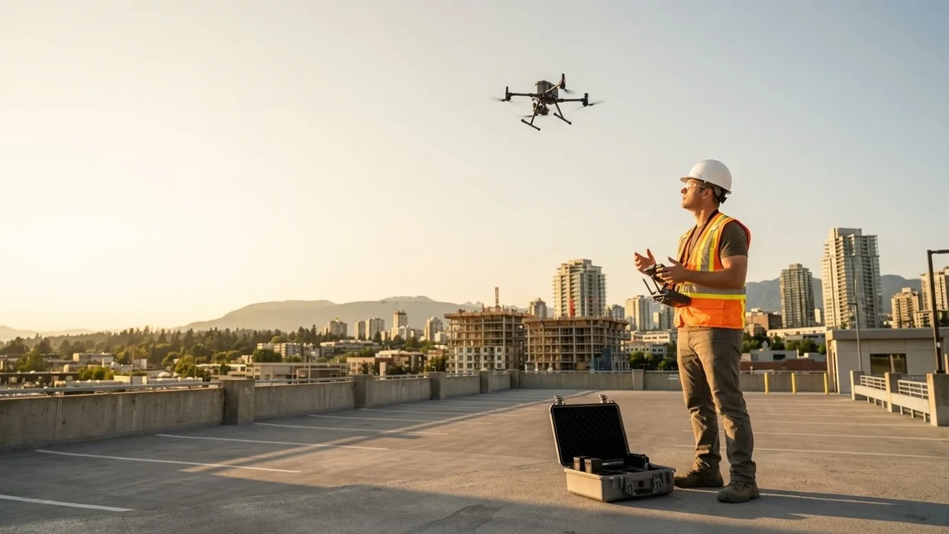 Drone hovering above a rooftop parking level at golden hour, a city and mountains behind (illustrative)