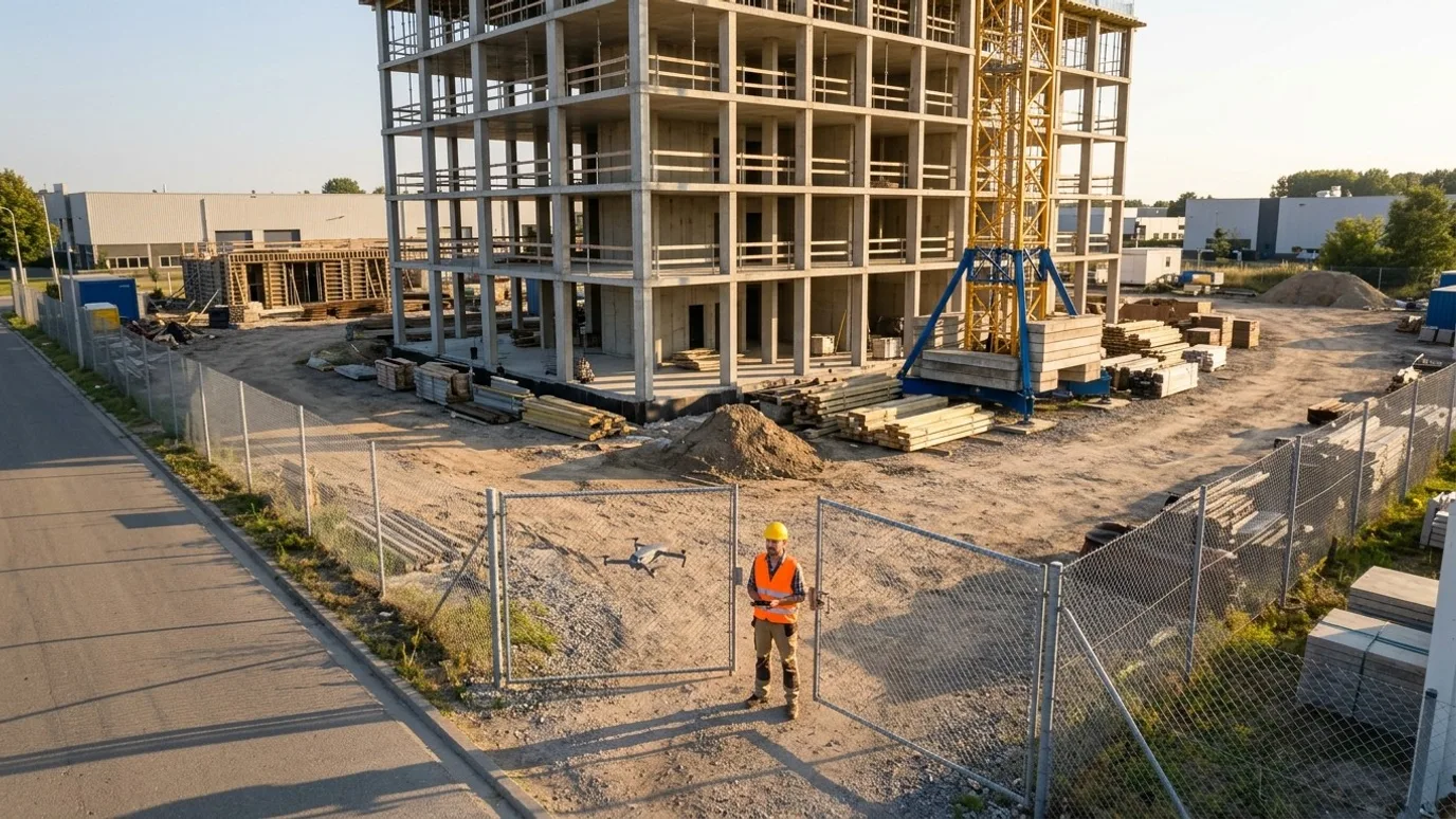 Aerial view of a concrete frame and tower crane on a construction site, with an operator flying a drone at the gate (illustrative)