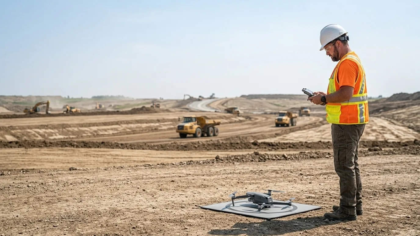 Operator with a controller beside a drone on a launch pad, haul trucks on an earthworks site behind (illustrative)