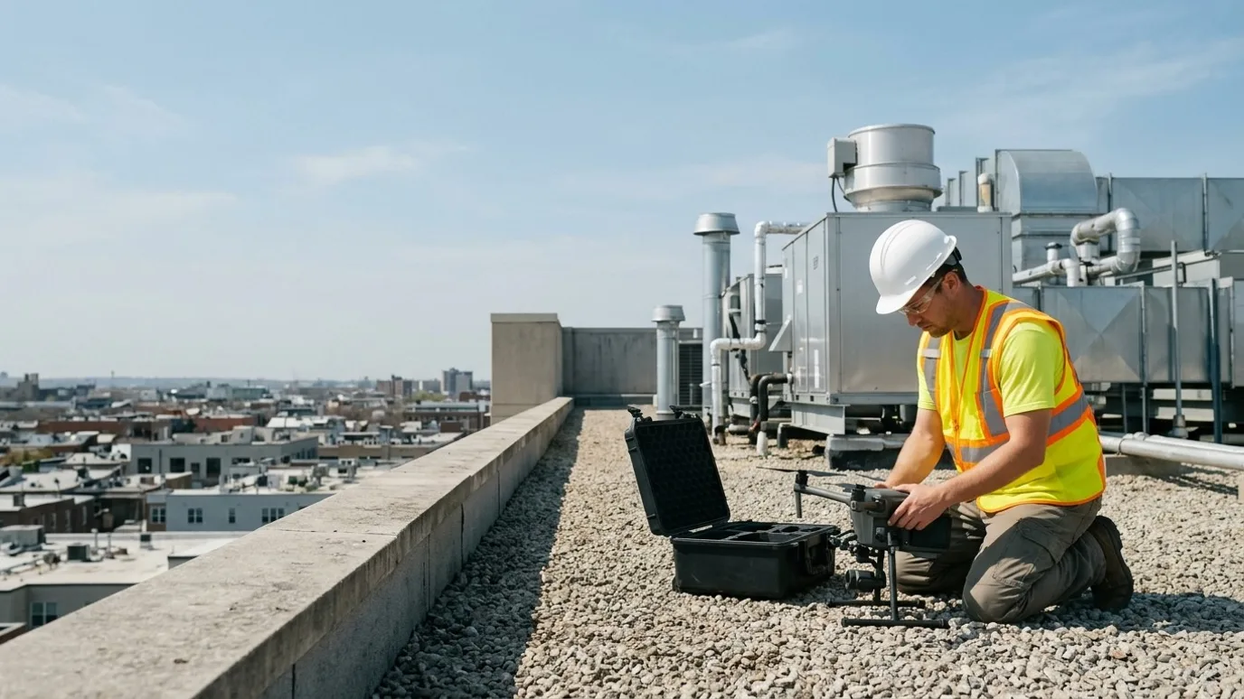 Drone operator kneeling on a gravel commercial roof beside rooftop units, preparing a drone (illustrative)